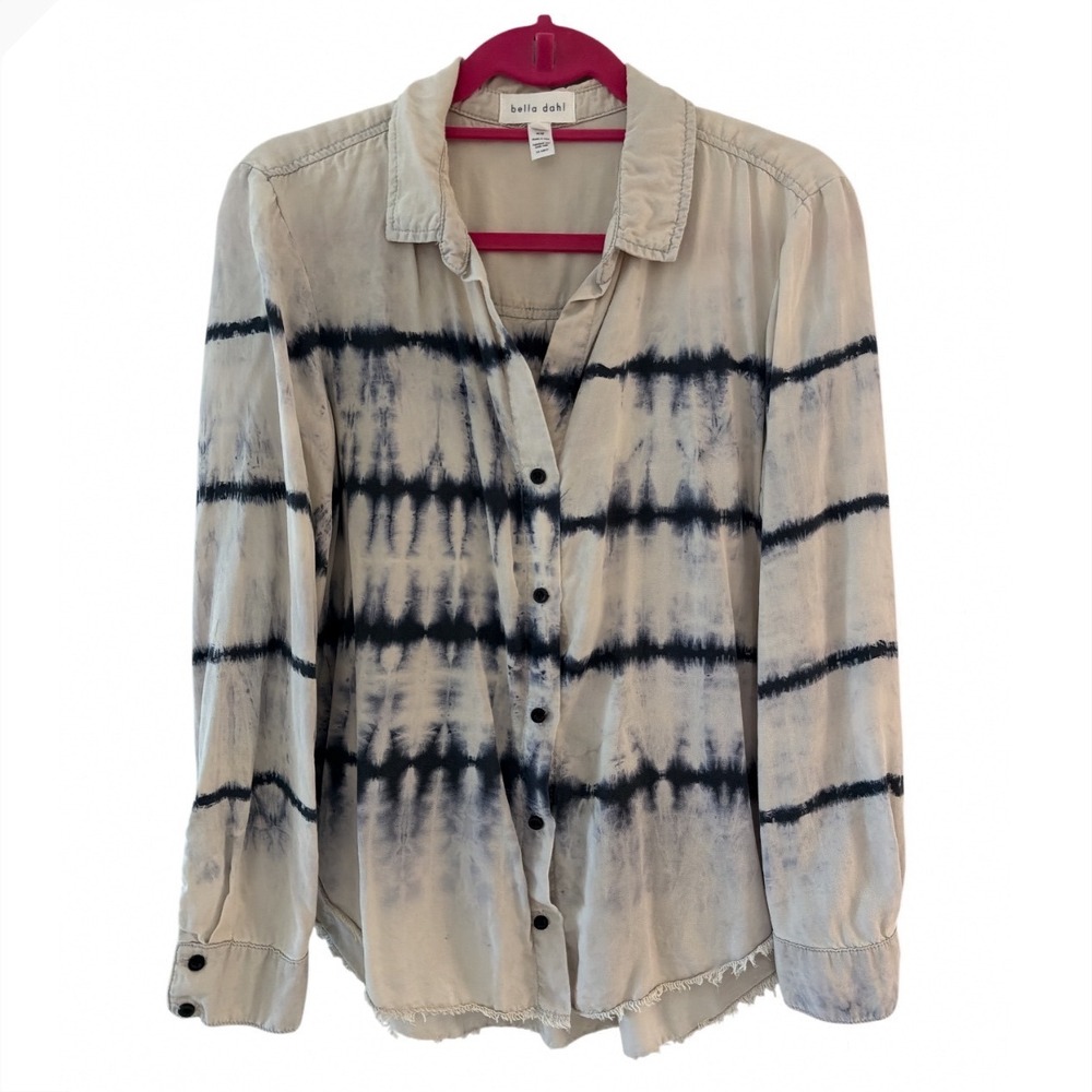 Bella Dahl Women Medium Tie Dye Stripe Tencel Button Down Shirt Sand Navy Blue - Picture 3 of 11